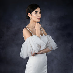 Puffy Sleeve Bridal Gown & Tulle Bridesmaid Dress