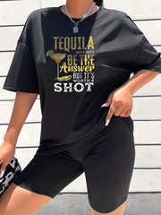 2pcs Summer Sports Sets Letter Print Short Sleeve T shirts & Shorts Activewear