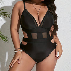 Sexy Swimsuit Women's Plus Mesh Cut Out Deep V Neck One Piece