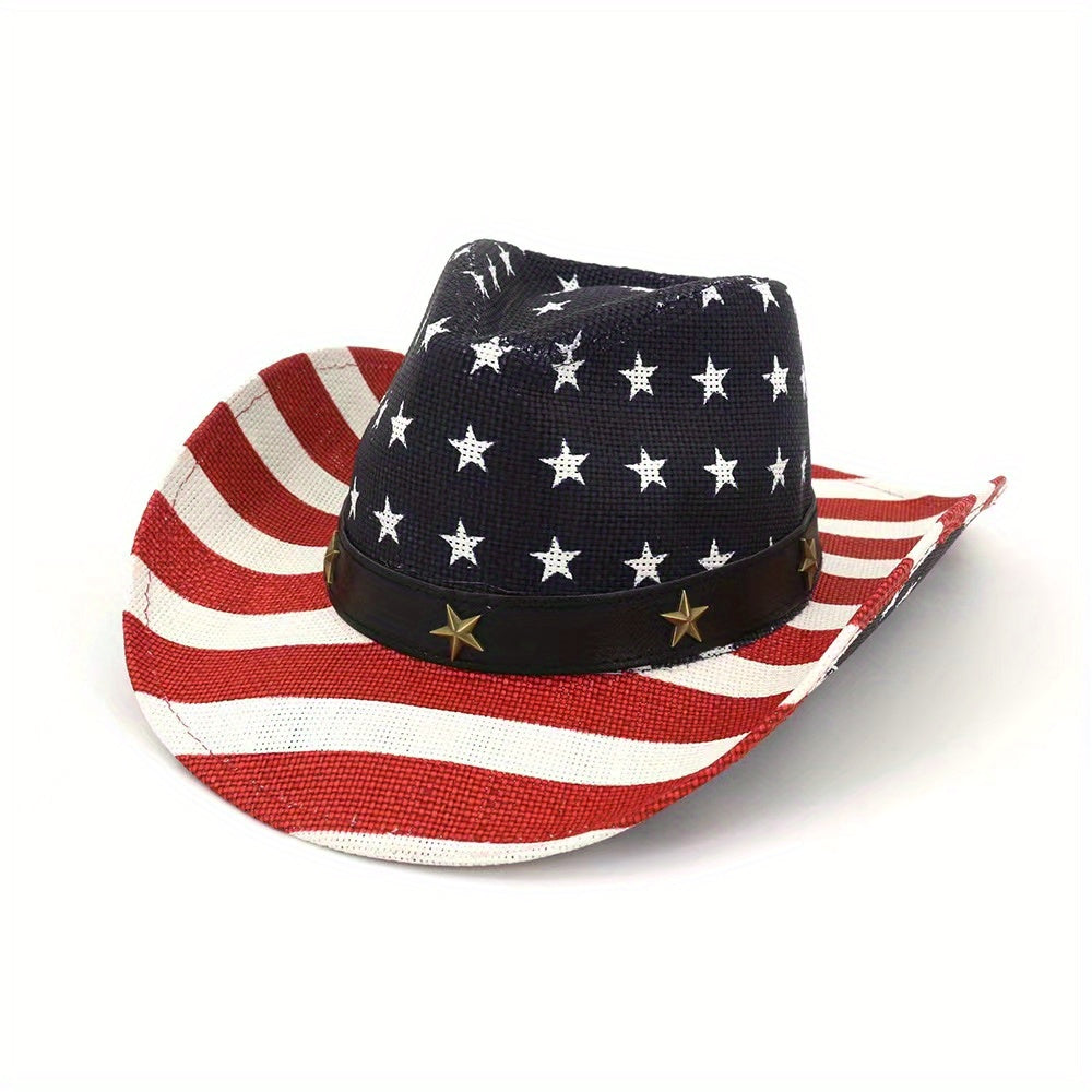 Vintage Flag Cowboy Hat Classic Western Style Sun Hat Unisex Straw Cowgirl Hat
