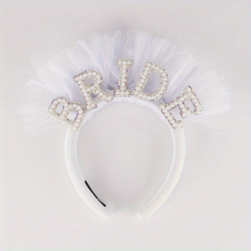 Bride Pearl Headband Tulle Bridal Hair Accessory with BRIDE Embellishment