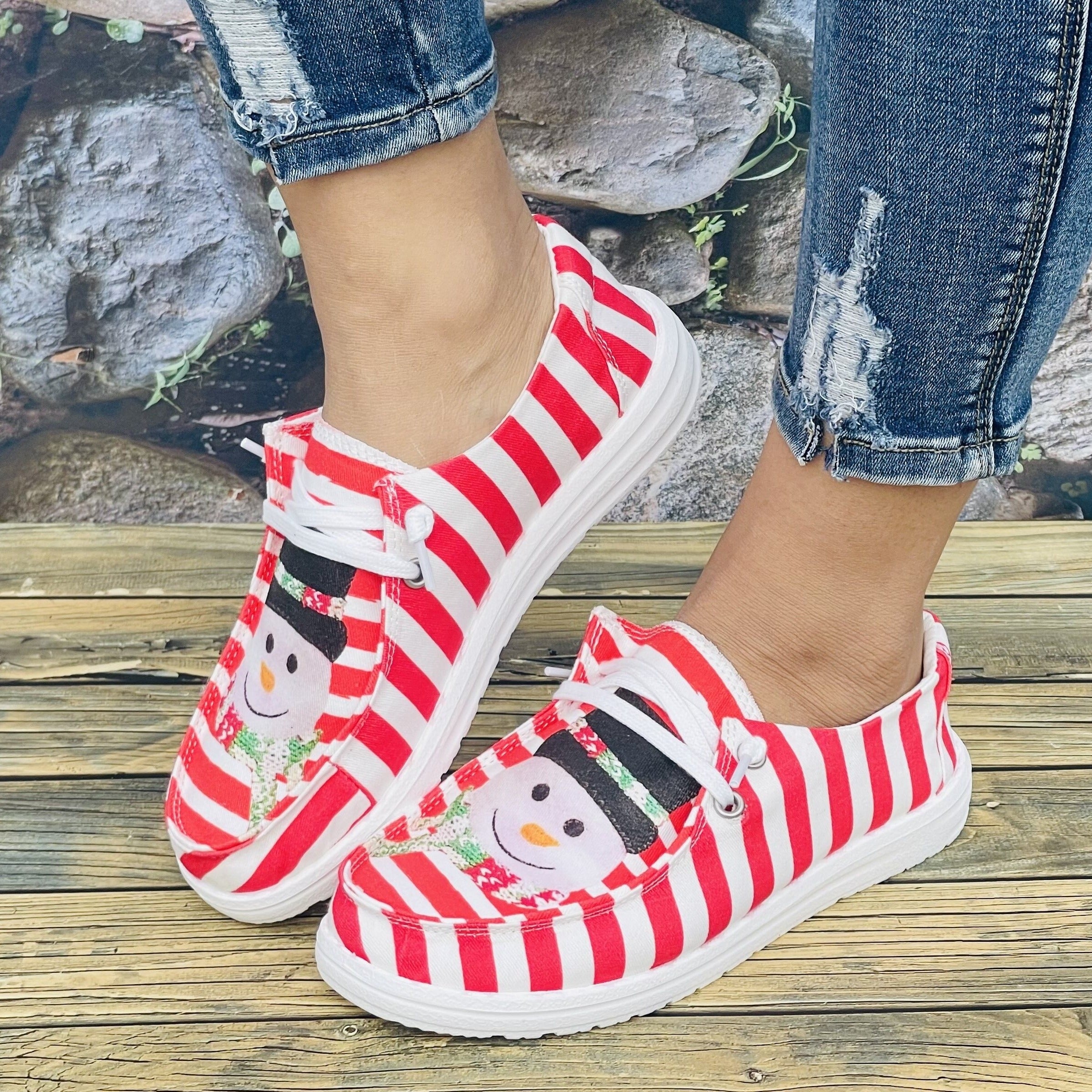 Christmas Snowman Pattern Casual Sneakers Lace Up Walking Shoes