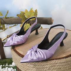 Women's Knot Kitten Heels Pointed Toe Slingback Satin Low Heels