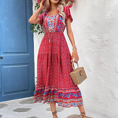 Boho Floral Print Dress Short Sleeve Casual Summer Spring Women's Clothing