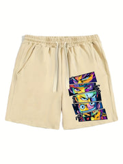 Anime Print Men's Casual Shorts Drawstring Waist Breathable Comfy Summer