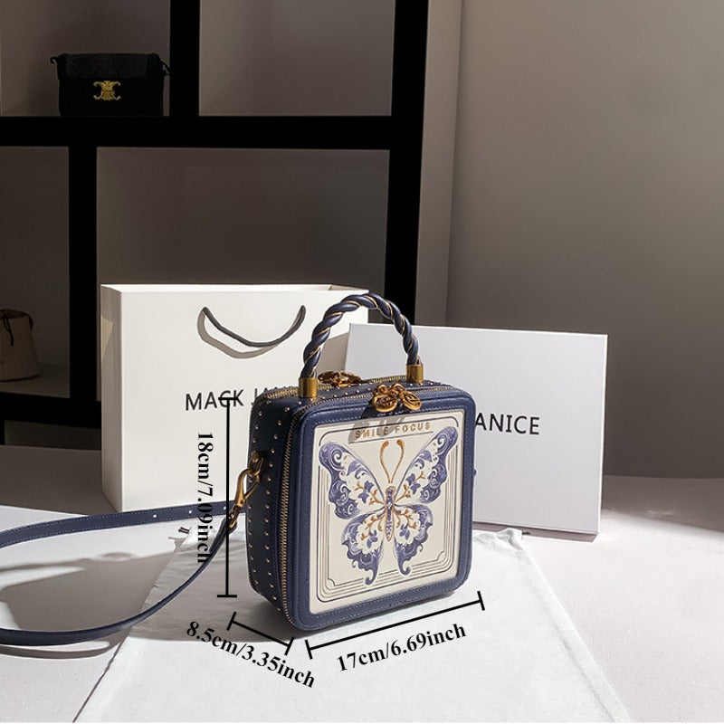 Women's Square Handbag Second Layer Leather Purse Navy