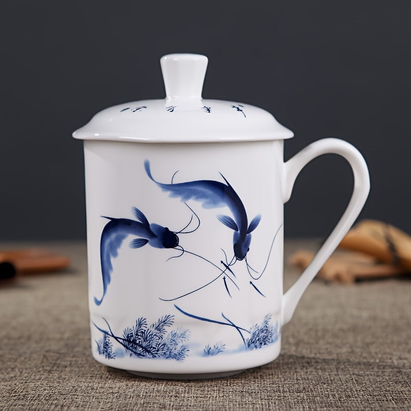 Flower Printed Porcelain Cup With Lid 17.6oz Ceramic Water Mug Tea Coffee Cup
