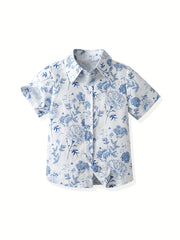 Boys Flower & Leaf Print Short Sleeves Shirt for Spring & Summer