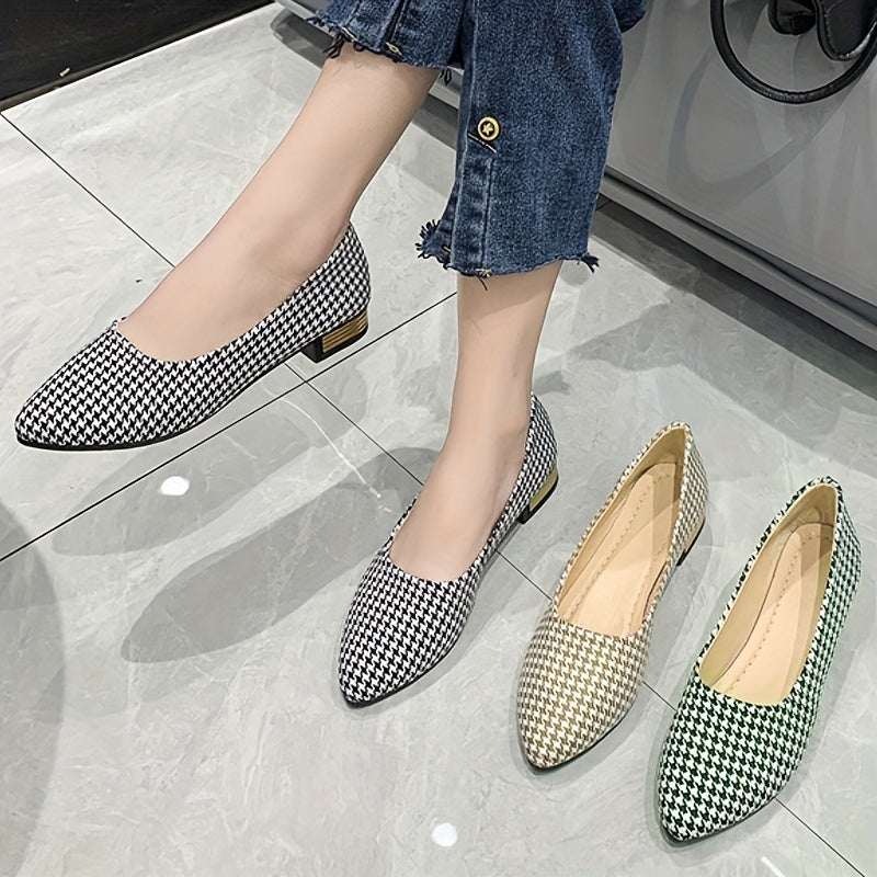 Women's Houndstooth Loafers Chunky Low Heel Slip-on Shoes Pointed Toe Comfort
