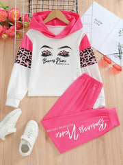 Girls Leopard Print Eyelashes Hoodie & Trousers Set