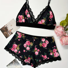 Floral Print Pajama Set Deep V Crop Cami Top & Lace Trim Shorts