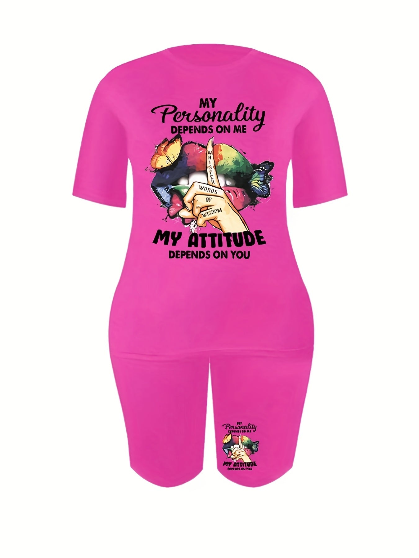 2 Piece Set Women's Plus Mouth & Letter Print Tee & Shorts Outfits