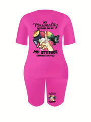 2 Piece Set Women's Plus Mouth & Letter Print Tee & Shorts Outfits