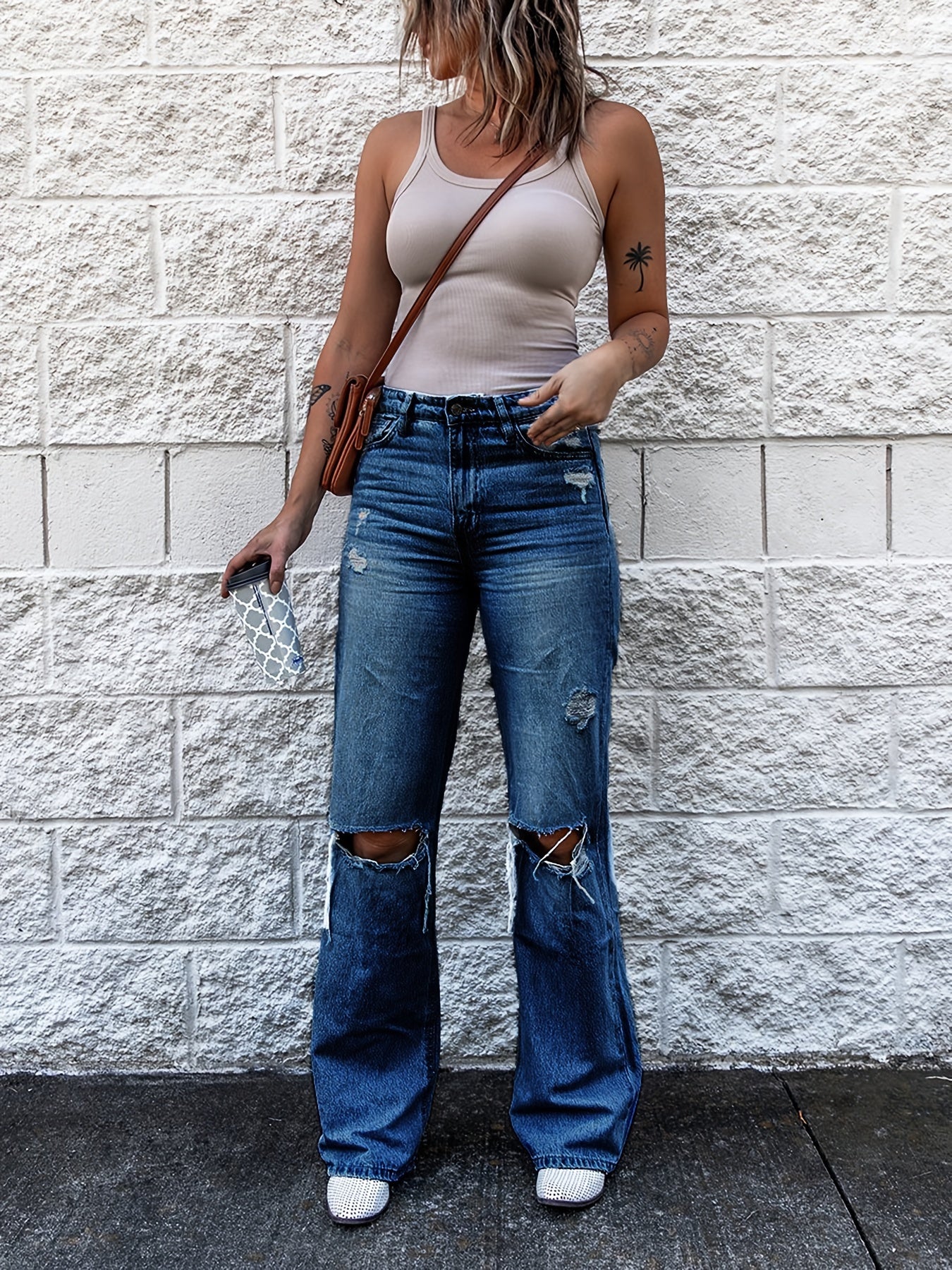 Distressed High Waist Bootcut Jeans Retro Denim Pants