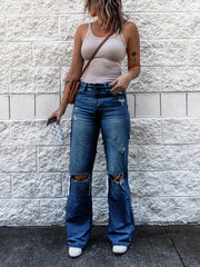 Distressed High Waist Bootcut Jeans Retro Denim Pants