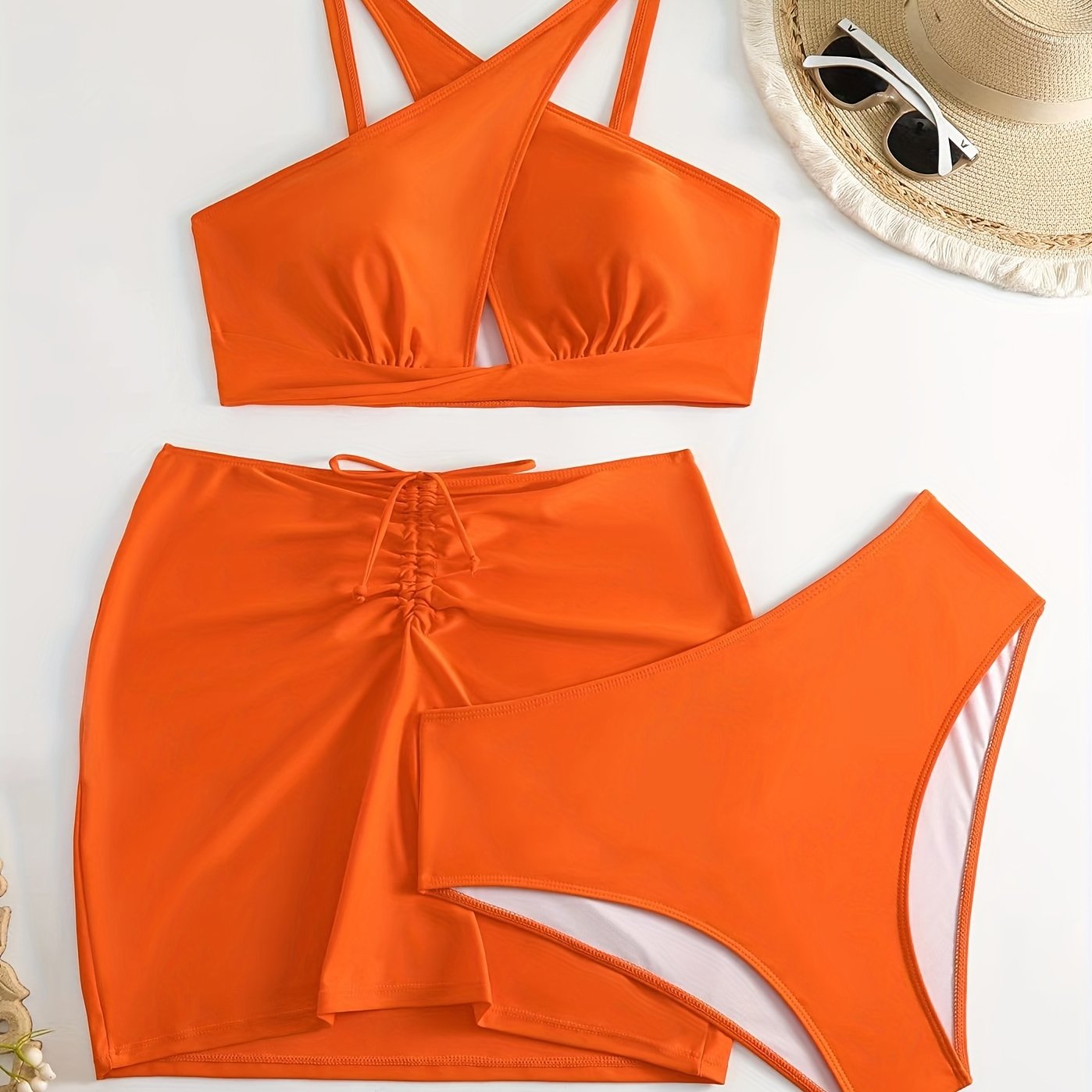 Sexy Bikini Set Women's Keyhole Crop Top & Underwear & Lace Up Skirt