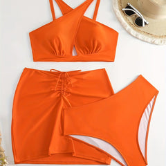Sexy Bikini Set Women's Keyhole Crop Top & Underwear & Lace Up Skirt