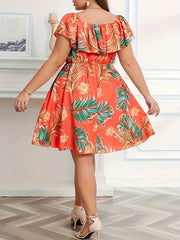 Boho Dress Women's Plus Tropical Print Off Shoulder A line Dress