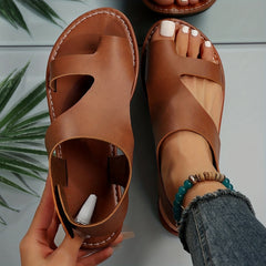Women's Solid Toe Loop Sandals Casual Hook & Loop Flat Summer Shoes