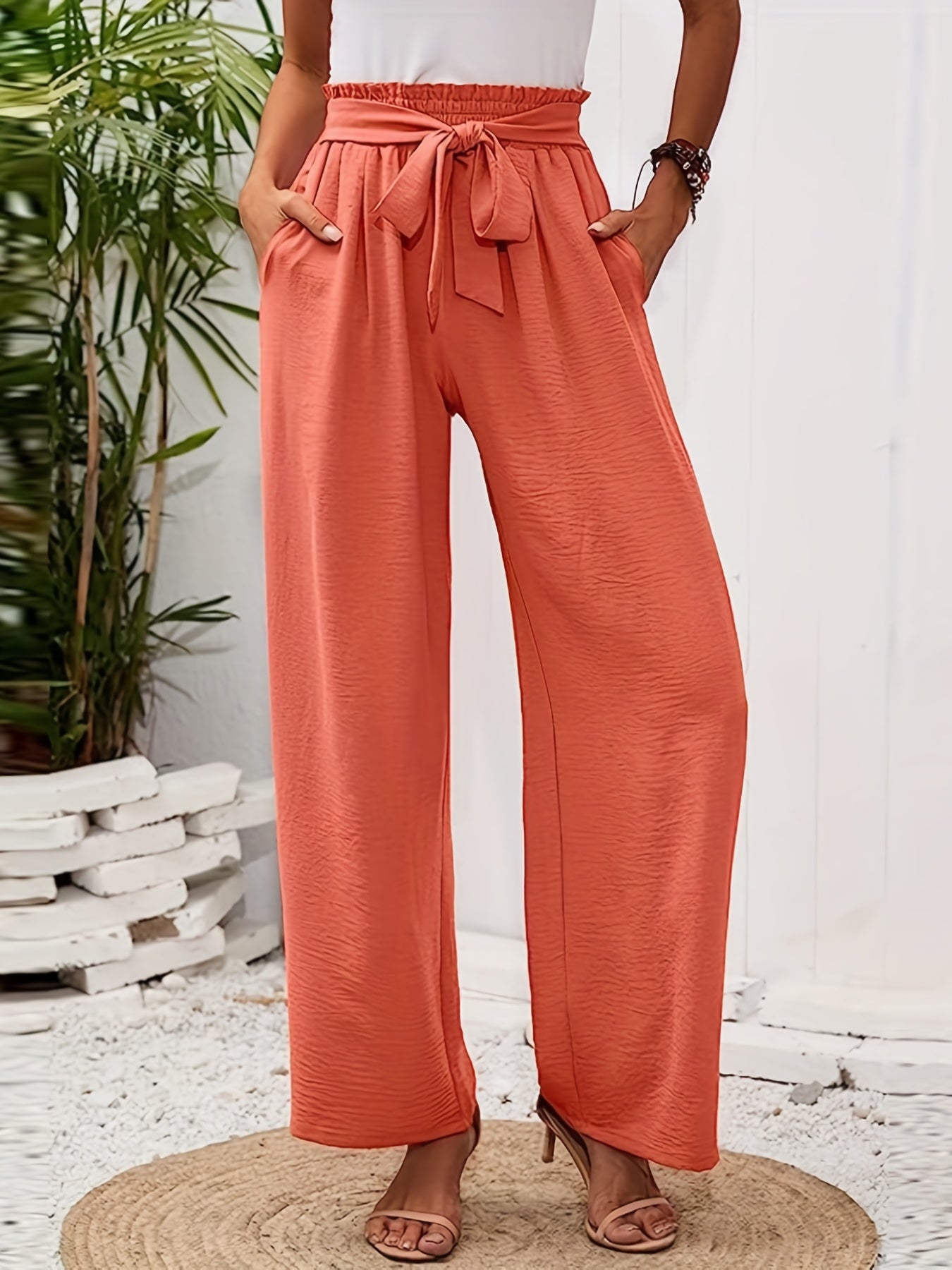High Waist Wide Leg Pants with Belted Waist