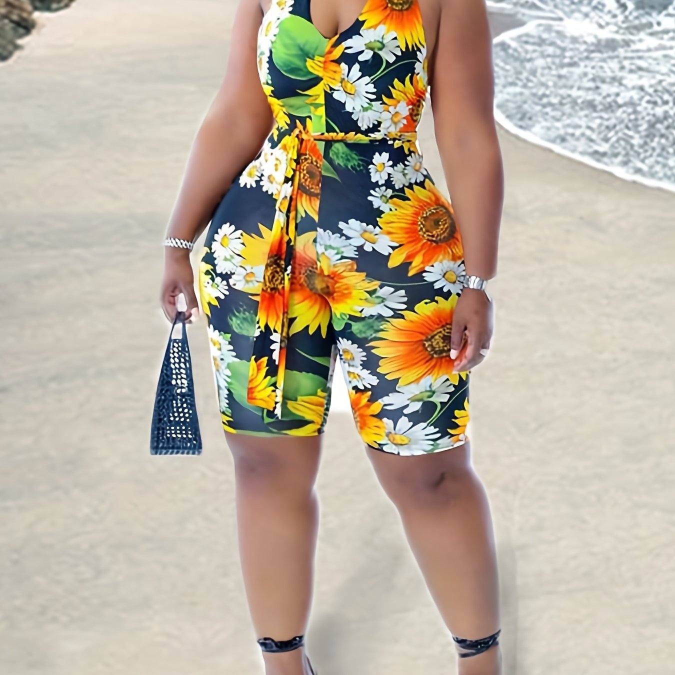 Halter Neck Casual Romper, Medium Stretch