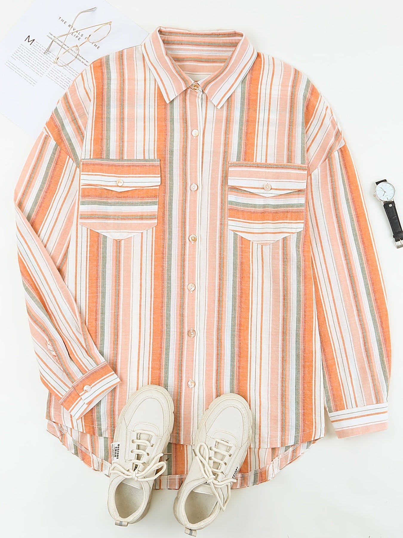 Women's Orange Stripe Print Long Sleeve Blouse