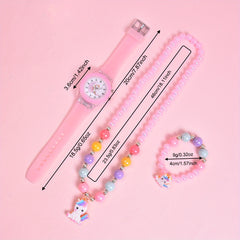 3pcs Girls' Magical Watch and Jewelry Set with Rainbow Beads Glowing Heart Charm