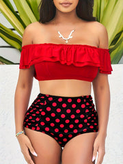 Off Shoulder Ruffle Crop Top & Polka Dot Panty Swimsuit Set