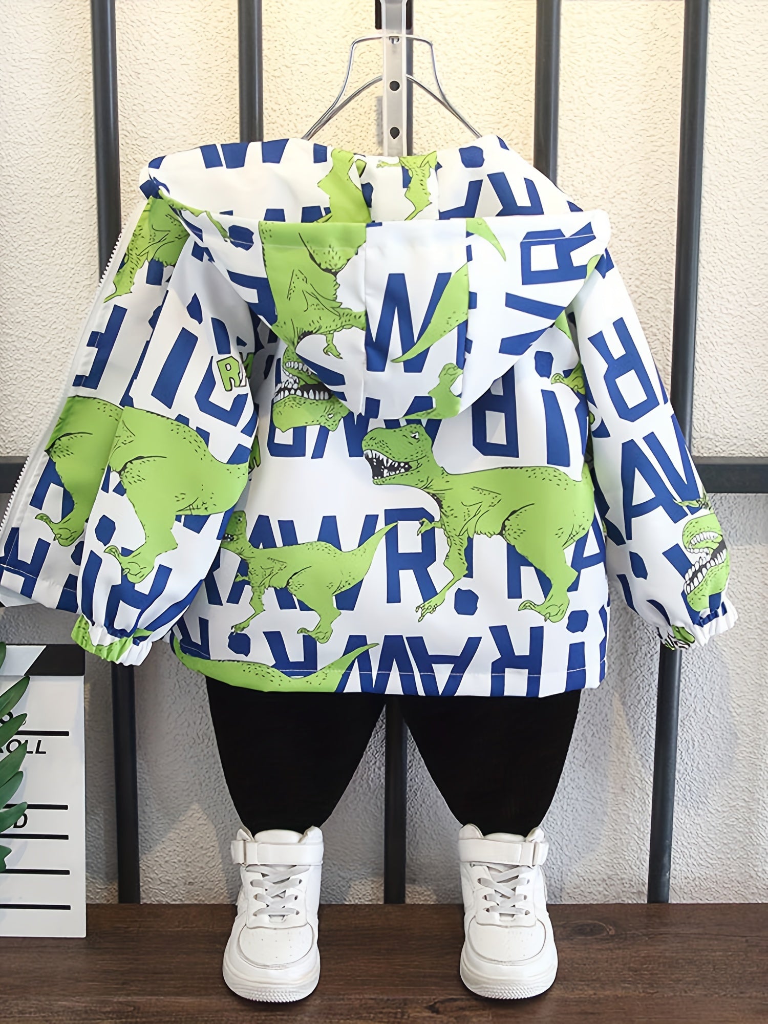 Boys Dinosaur Windbreaker Hooded Jacket Full Print Long Sleeve Zip Up Waterproof
