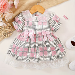 Baby Girls Plaid Dress with Puffy Sleeves and Bow
