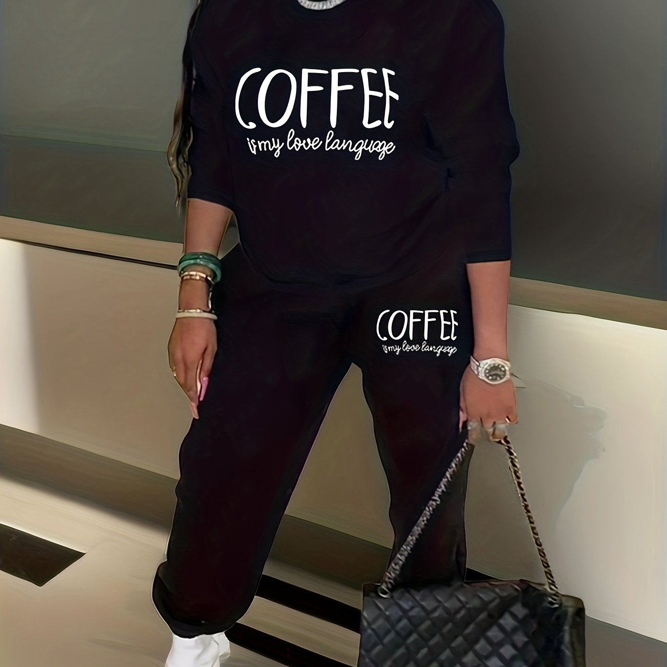 Slogan Print Sweatshirt & Joggers Set