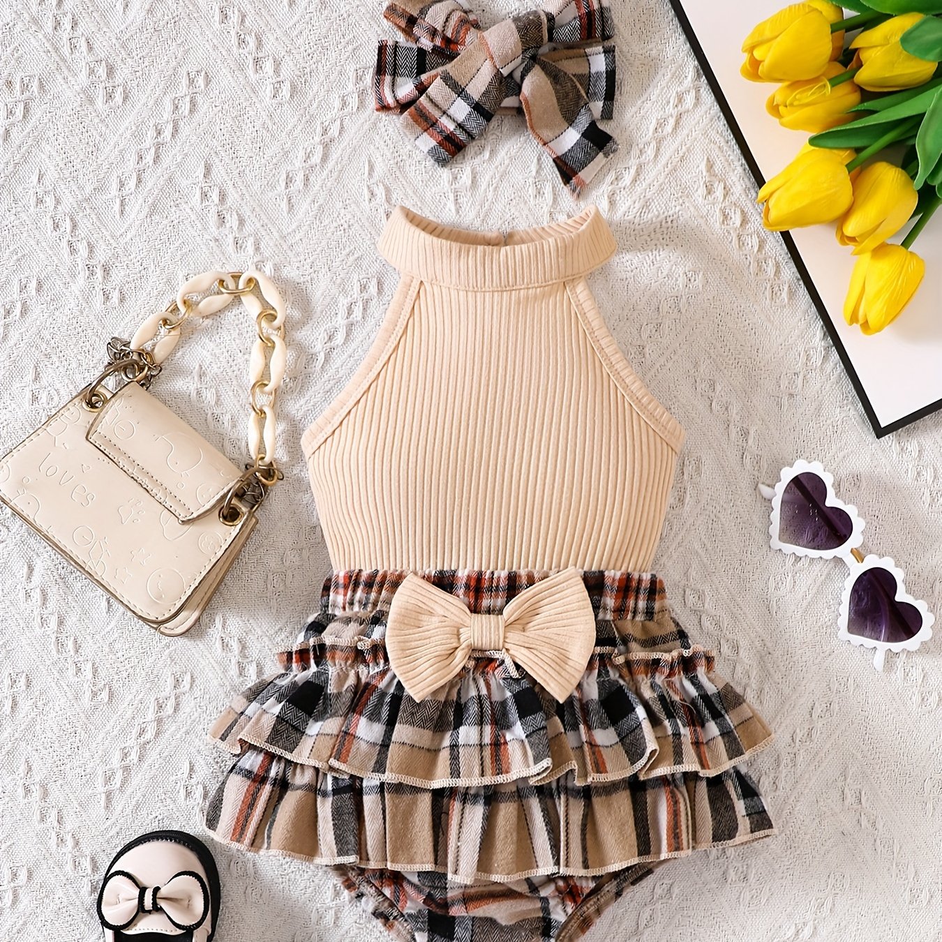 Baby's Stylish Suit Halter Top & Layered Plaid Skirt Set
