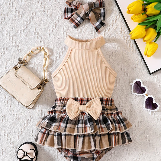 Baby's Stylish Suit Halter Top & Layered Plaid Skirt Set