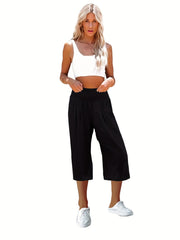 Solid Shirred Wide Leg Capris Pants Casual Loose Pants