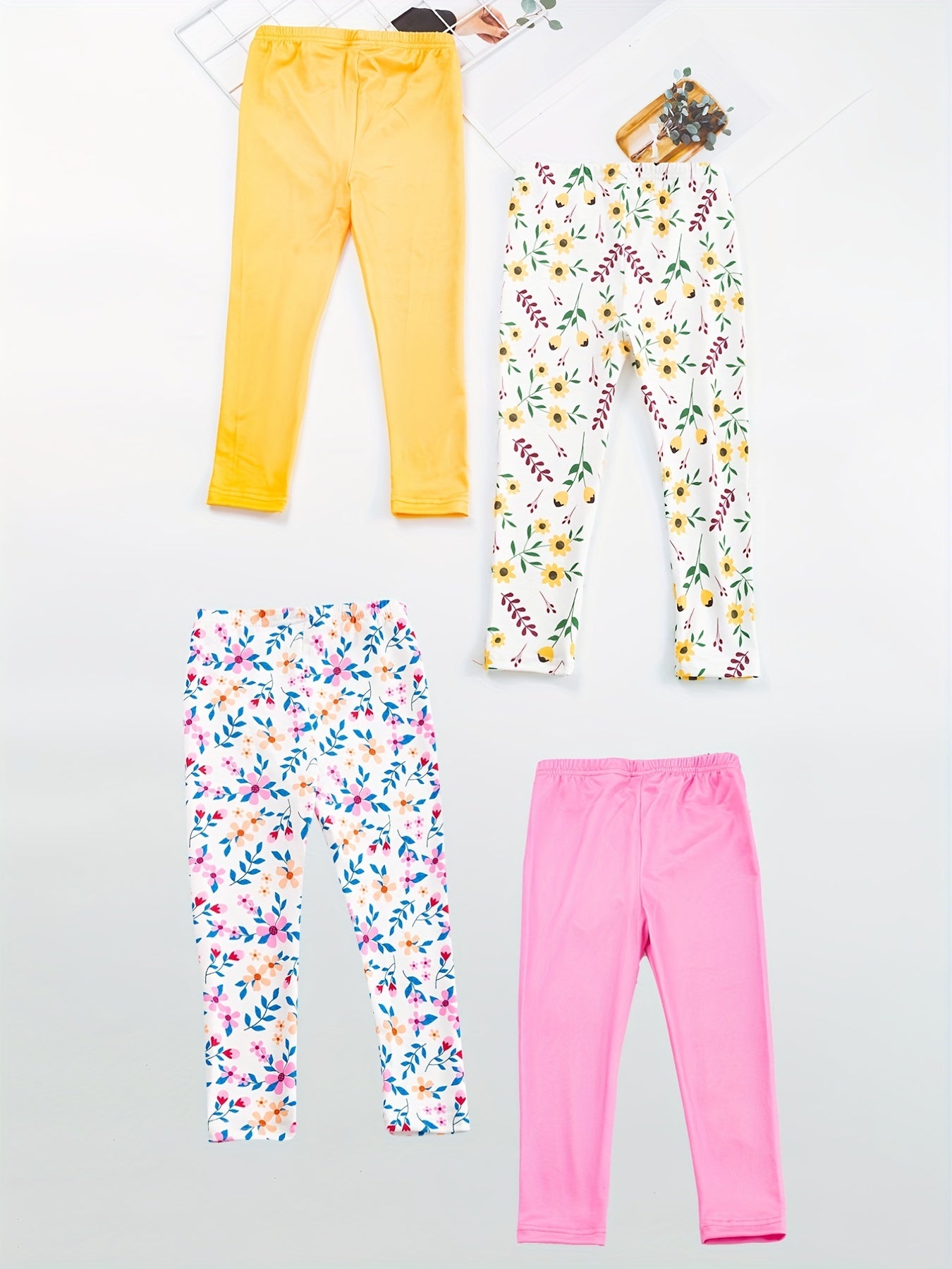 4pcs Girls' Stretch Ankle Pants Plain & Floral Print Casual Kids Pants