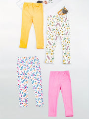 4pcs Girls' Stretch Ankle Pants Plain & Floral Print Casual Kids Pants