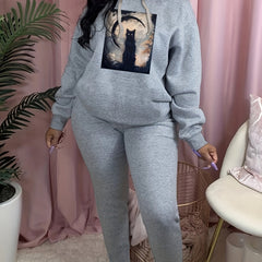 Cat & Moon Print Hooded Sweatshirt & Sweatpants Set