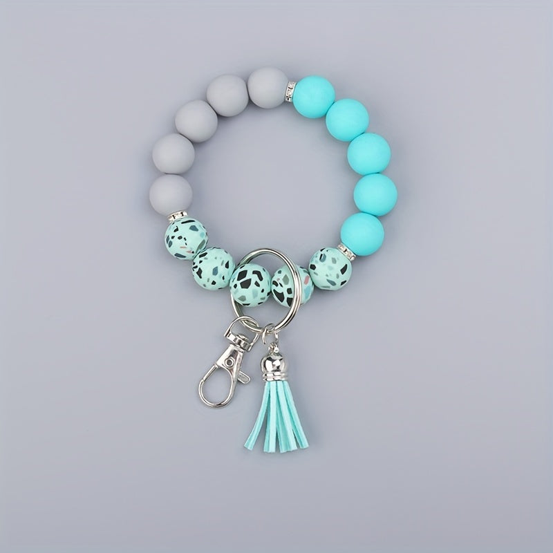 Silicone Beaded Bracelet Keychain with Tassel