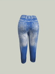 Denim & Flag Print Leggings Casual Skinny Cropped Leggings