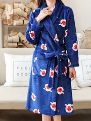 Women's Pig Print Fuzzy Lounge Robe Long Sleeve Warm Robe