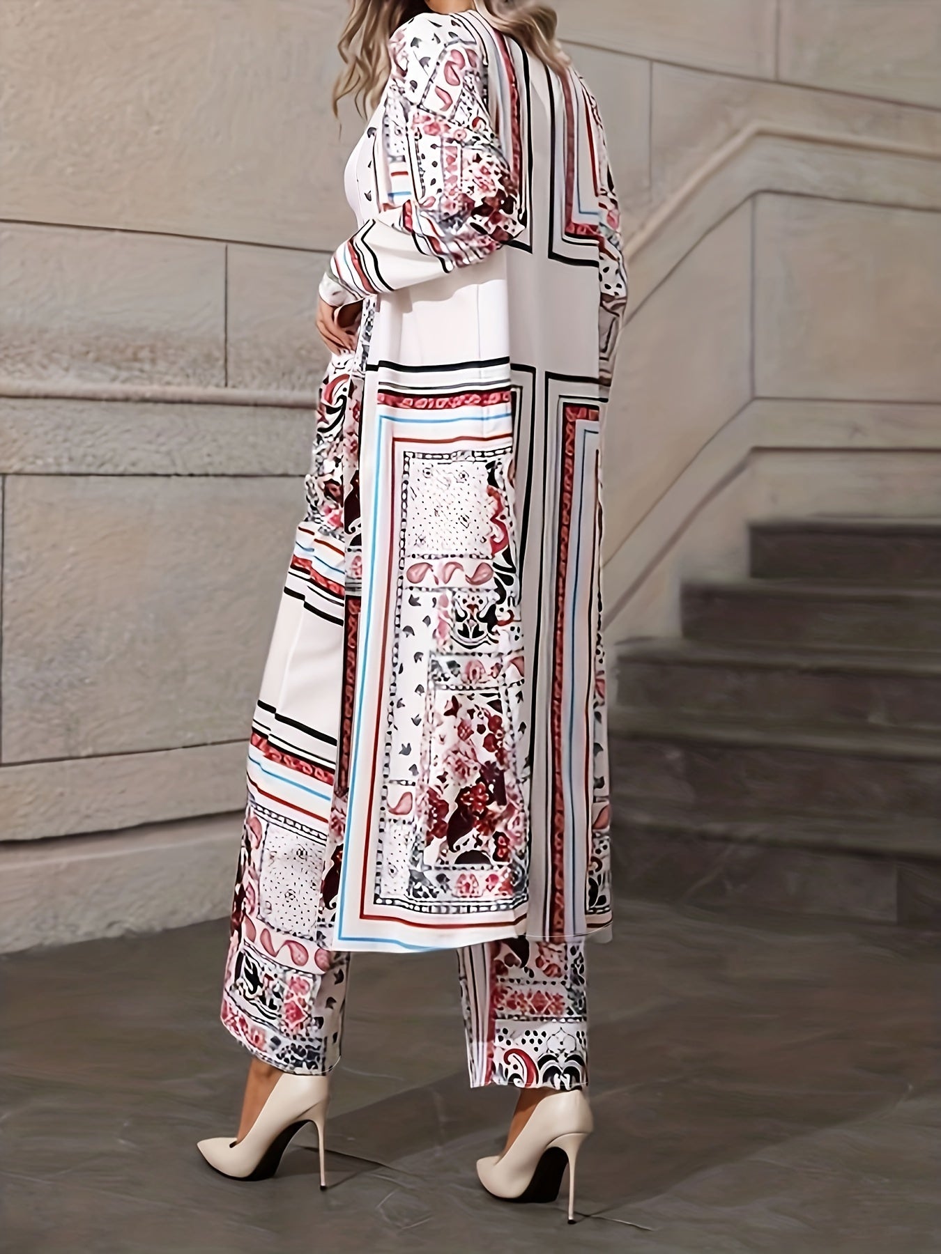 Women's Plus Floral & Scarf Print Cardigan & Pants Set