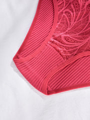 5pcs Floral Lace Ribbed Panties Comfy & Breathable Intimates Panties