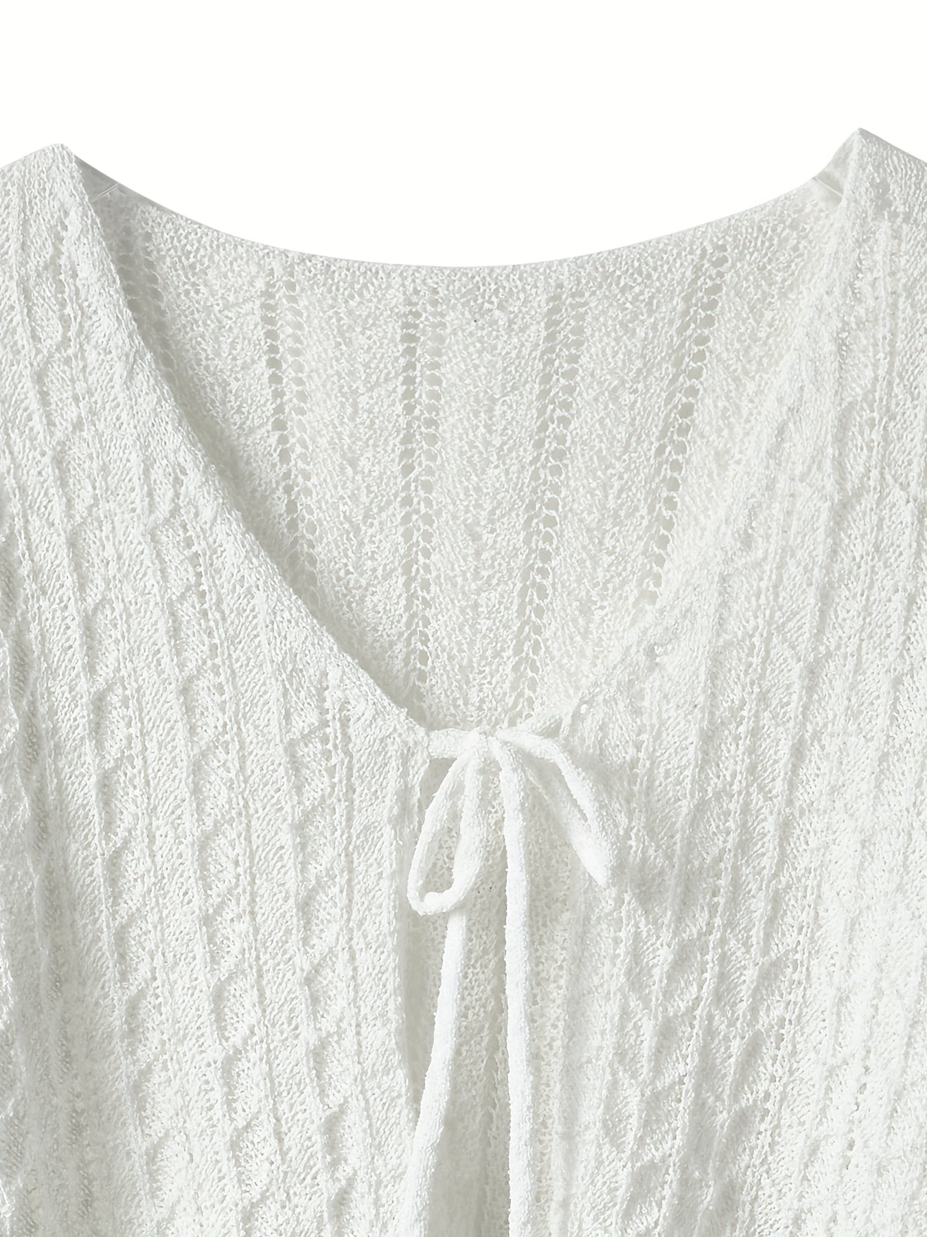 Tie Front Knit Cardigan Scallop Trim Flared Sleeve Sweater