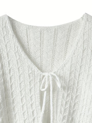 Tie Front Knit Cardigan Scallop Trim Flared Sleeve Sweater