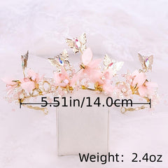 Golden Crystal Faux Pearl Butterfly Crown Tiara Headband for Bride
