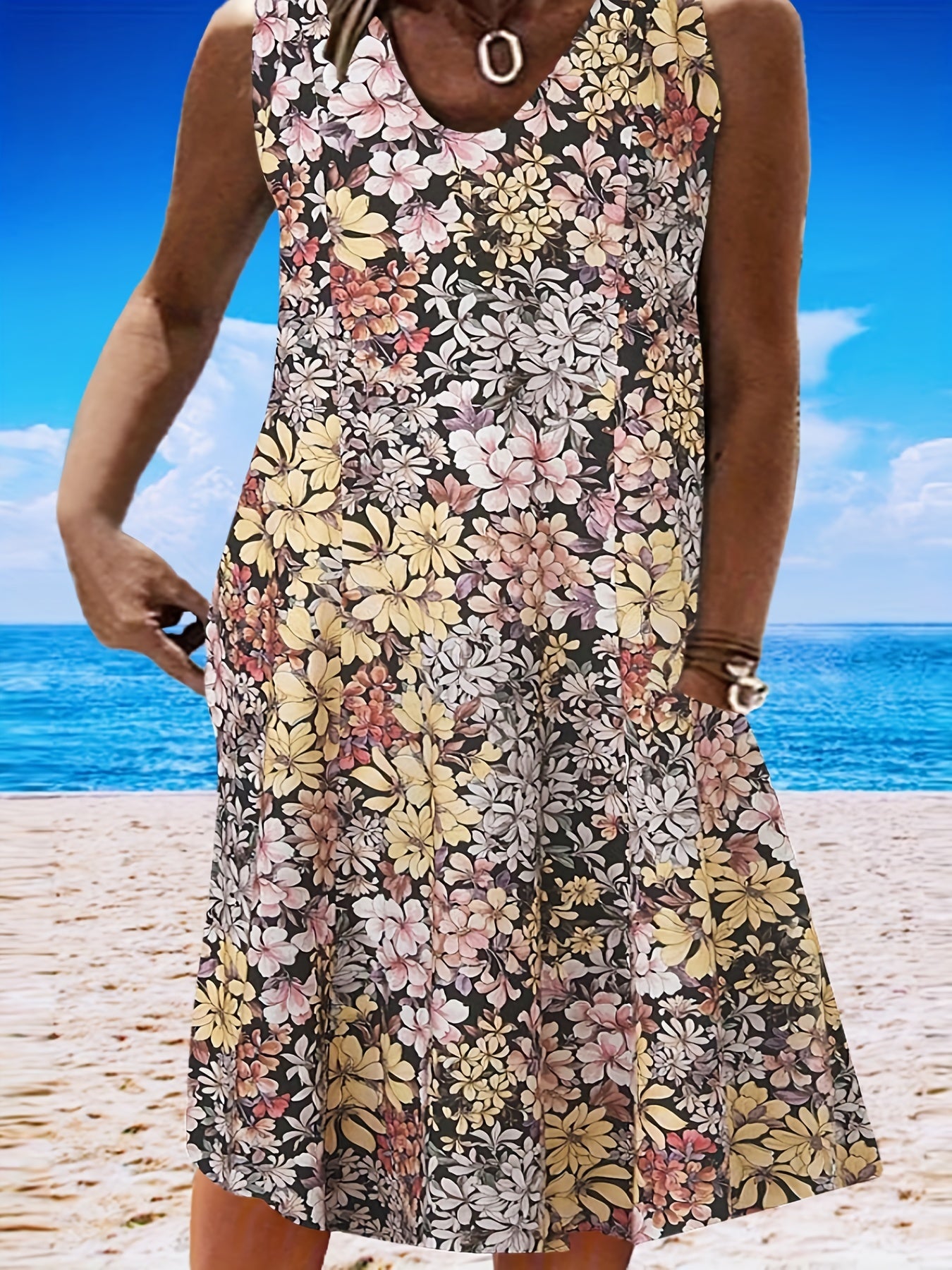 Floral Print Tank Dress Round Neck Slight Stretch