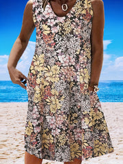 Floral Print Tank Dress Round Neck Slight Stretch