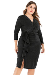 Ruffle Trim Layered Midi Dress Women's Casual Stretch Dress