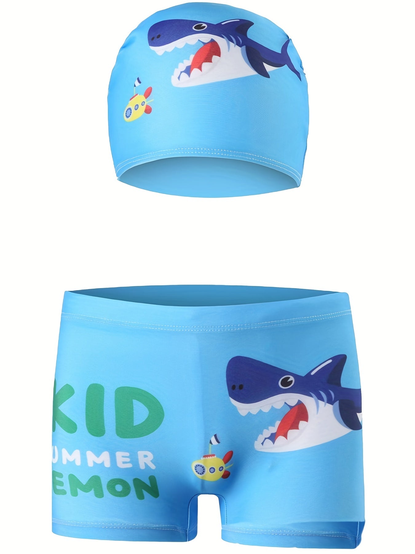 Pop Sharp Cartoon Graphic Kid's Swimwear Shorts With Hat Boy's Swimming Trunks