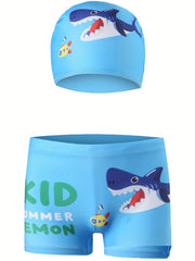 Pop Sharp Cartoon Graphic Kid's Swimwear Shorts With Hat Boy's Swimming Trunks